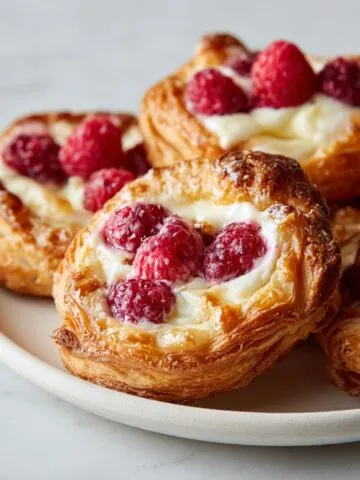 Homemade raspberry cream cheese danish recipe pastries on a white kitchen counter, rustic and golden with fresh raspberries and cream cheese filling.