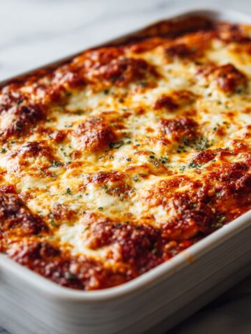 Homemade eggplant parmesan casserole recipe baked with melted cheese and marinara sauce on a white kitchen counter, photographed from above.