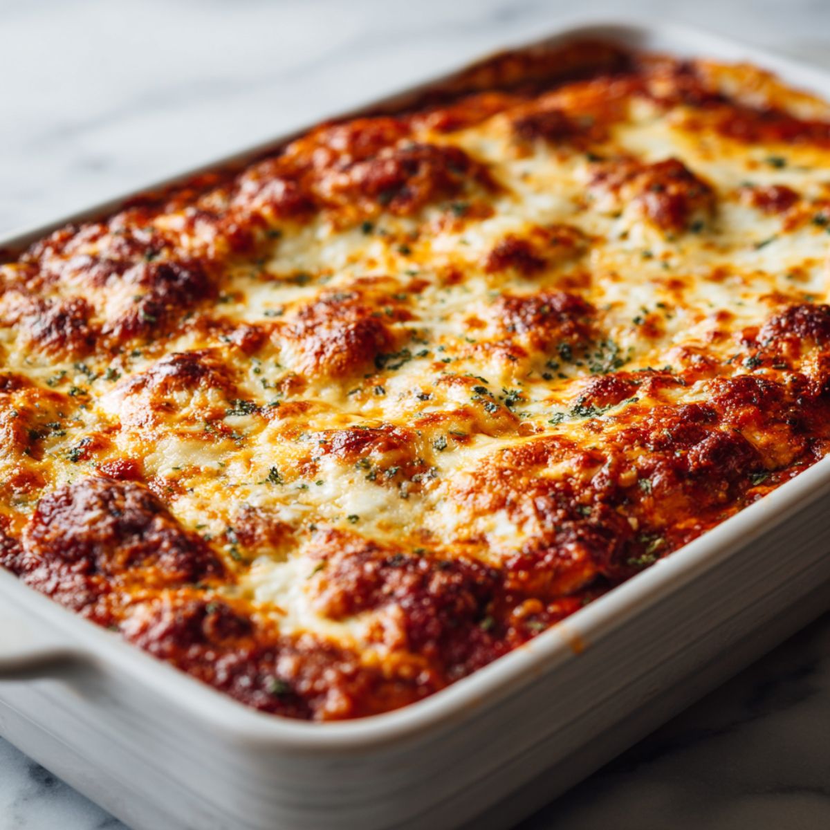 Homemade eggplant parmesan casserole recipe baked with melted cheese and marinara sauce on a white kitchen counter, photographed from above.