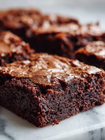 Freshly baked homemade espresso brownies recipe cut into squares on a white marble kitchen counter, overhead view.