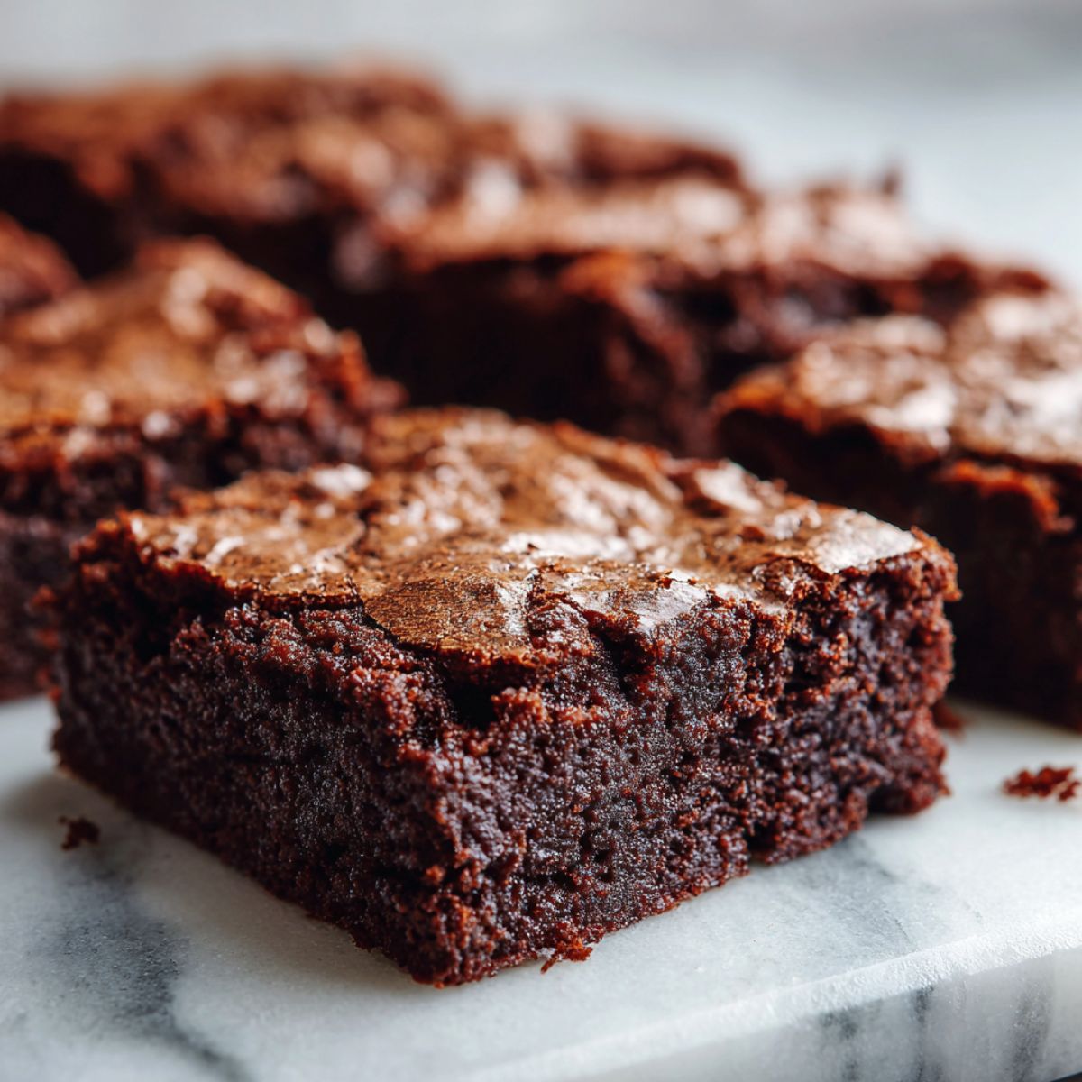 Freshly baked homemade espresso brownies recipe cut into squares on a white marble kitchen counter, overhead view.