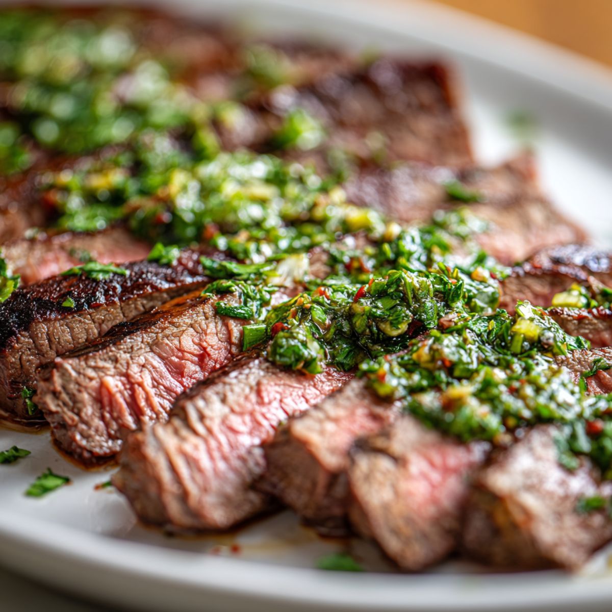 Overhead shot of sliced chimichurri flank steak recipe on a white kitchen counter with fresh herb sauce drizzled on top, homemade style.