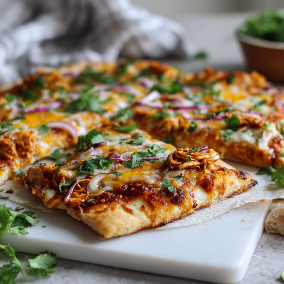 Homemade BBQ chicken flatbread pizza recipe with melted cheese, red onions, and cilantro on a white kitchen counter, photographed from overhead.