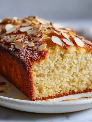 Overhead view of a homemade French butter cake recipe loaf with golden crust and almonds on a white kitchen counter.