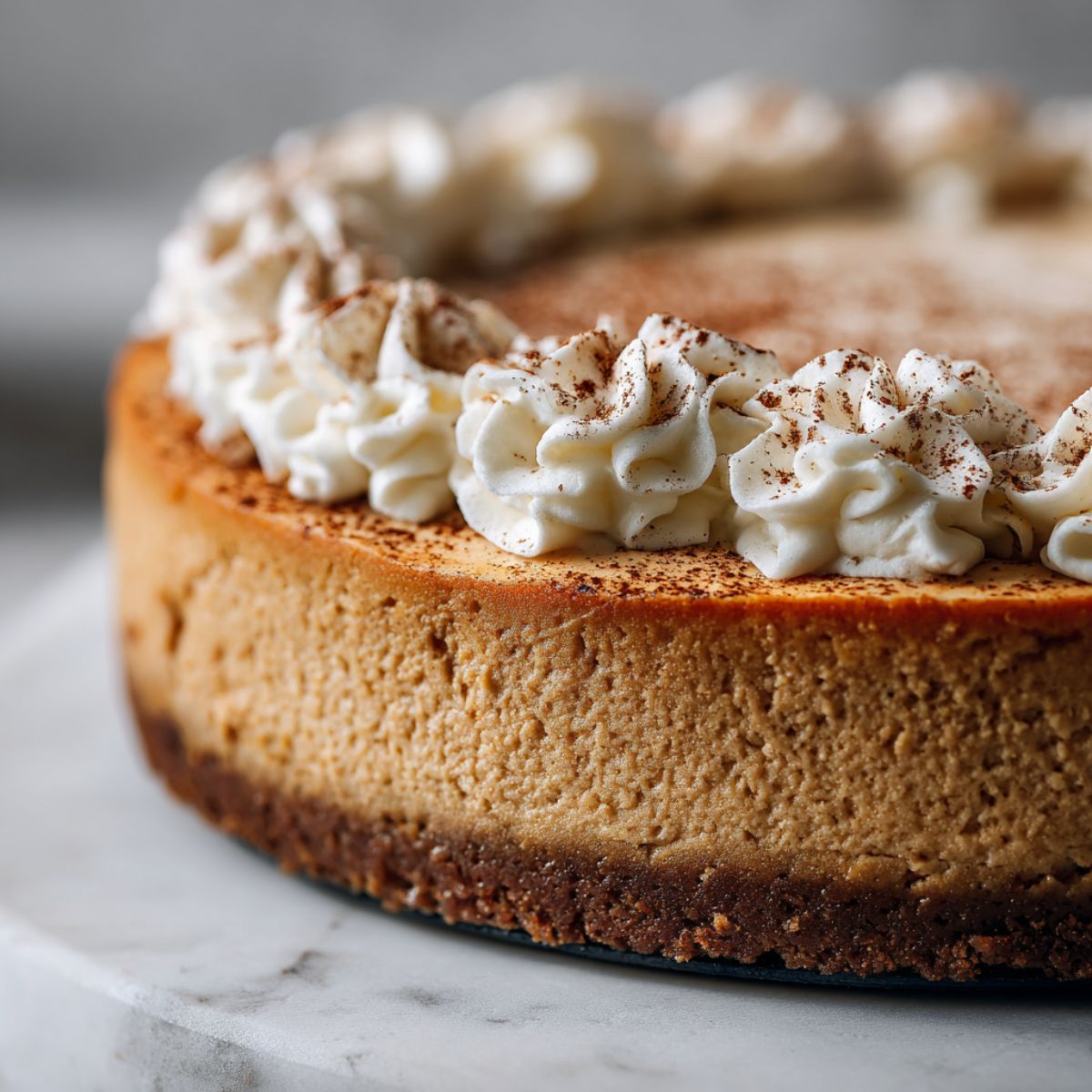 Overhead photo of a homemade gingerbread cheesecake recipe on a white marble counter with whipped cream and cinnamon dusting.