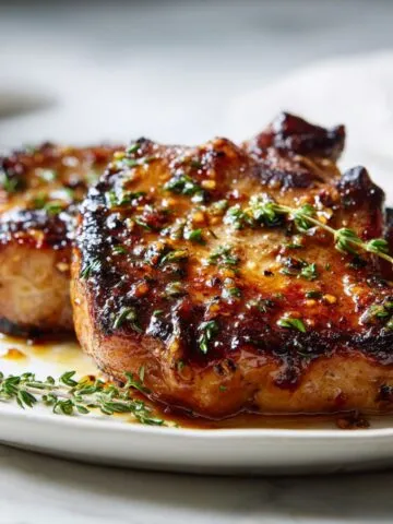 Overhead homemade photo of grilled honey mustard pork chops recipe with caramelized edges and thyme garnish on a white kitchen counter.