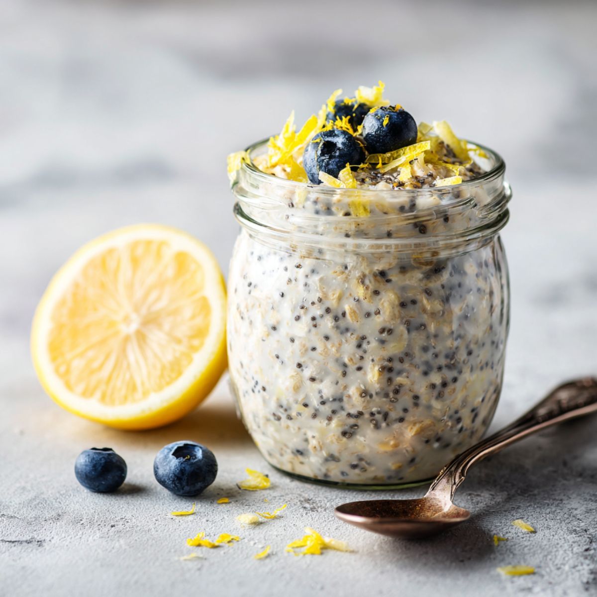 Homemade lemon poppy seed overnight oats recipe in a jar, topped with blueberries and lemon zest on a white kitchen counter.