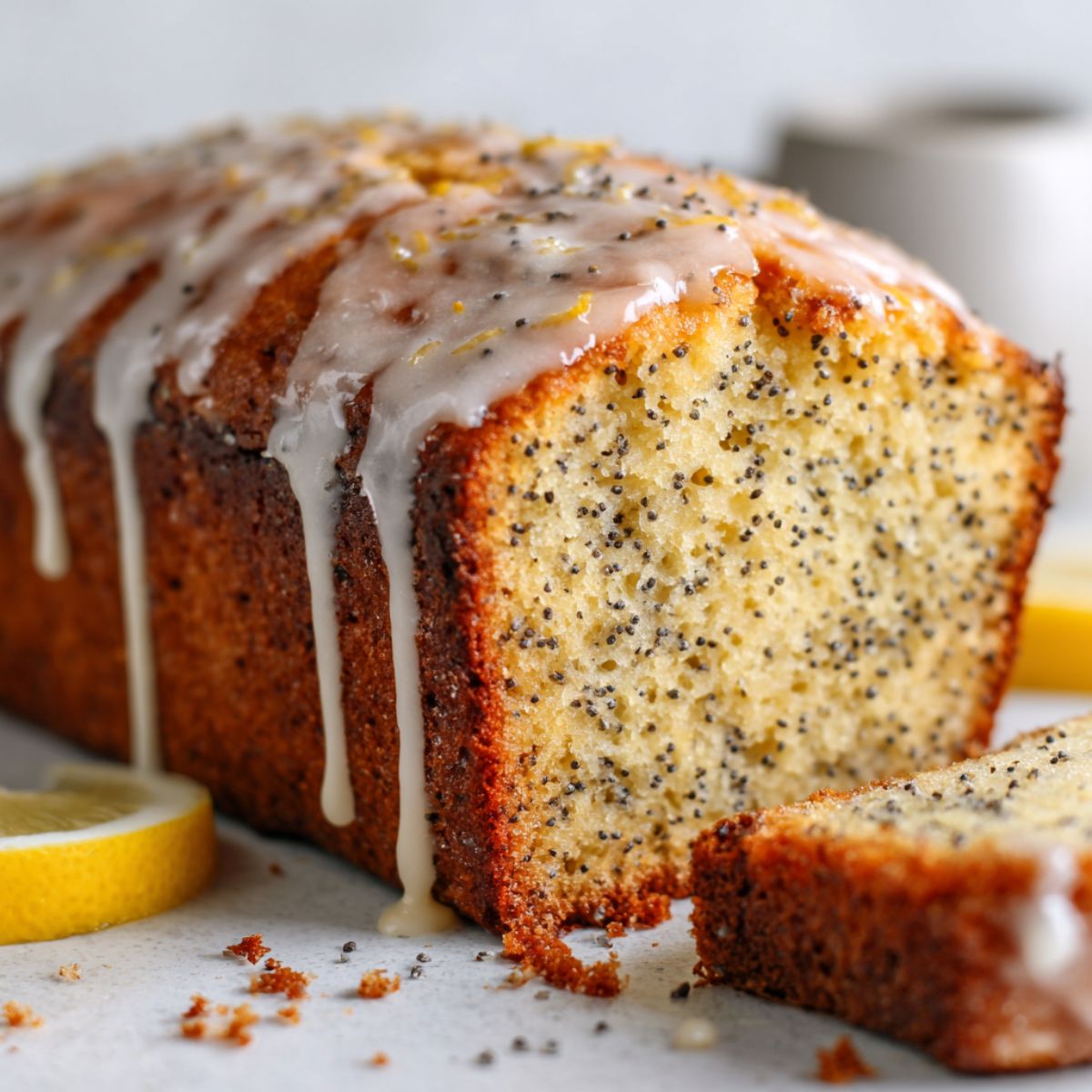 Homemade lemon poppy seed pound cake recipe sliced with lemon glaze on white kitchen counter, overhead view.