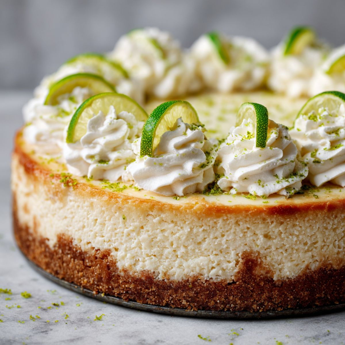 Homemade margarita cheesecake recipe with whipped cream, lime wedges, and zest on a white kitchen counter, overhead shot with natural homemade feel.