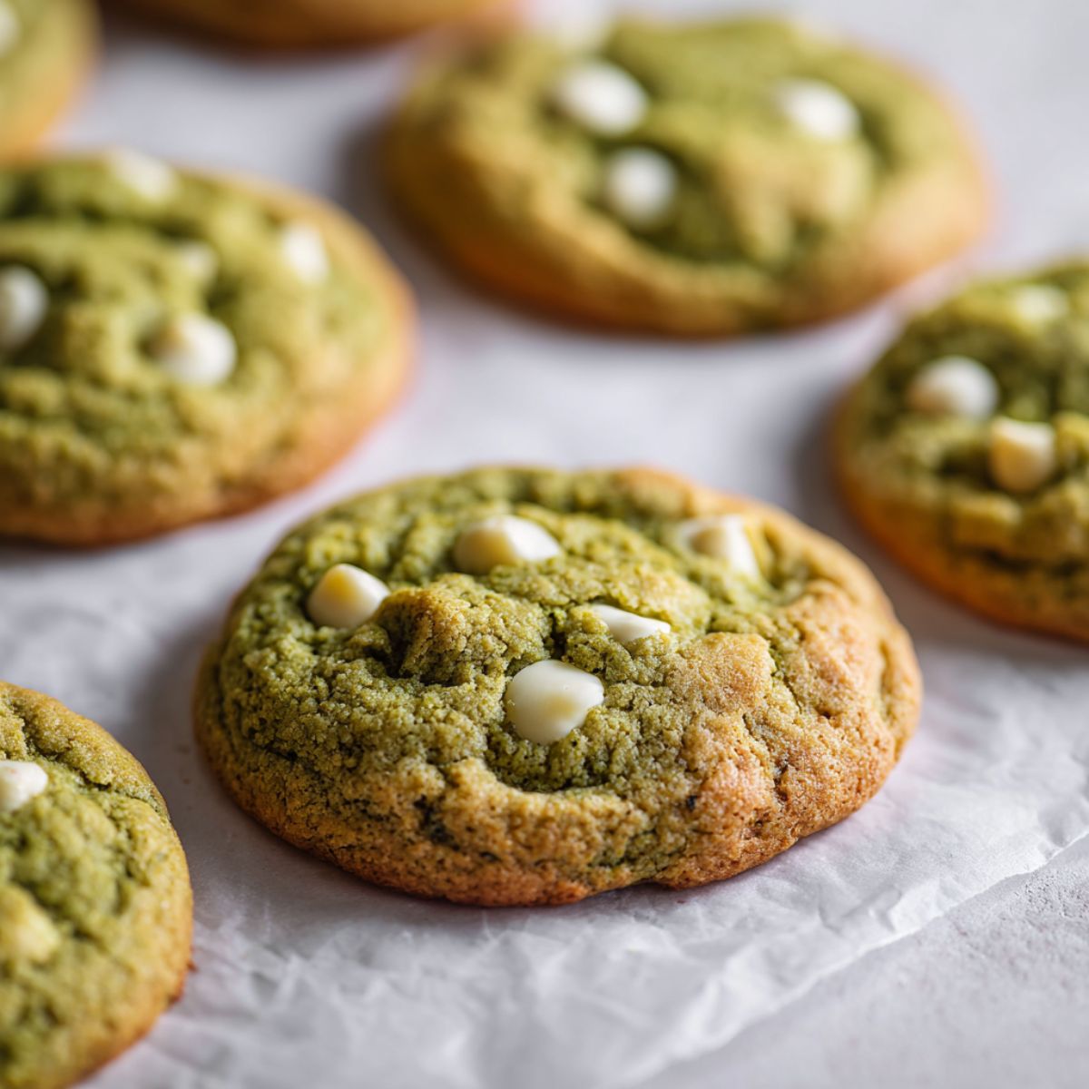 Overhead photo of homemade matcha white chocolate cookies recipe with melted chips on parchment paper, shot on a white kitchen counter.”