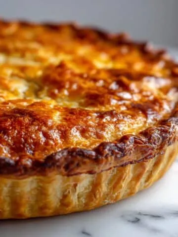 Homemade minced beef pie recipe with golden puff pastry on a white marble kitchen counter, overhead shot.