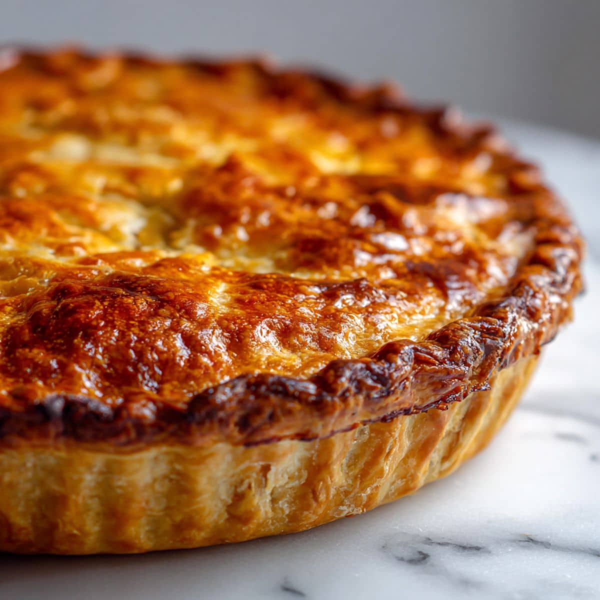 Homemade minced beef pie recipe with golden puff pastry on a white marble kitchen counter, overhead shot.