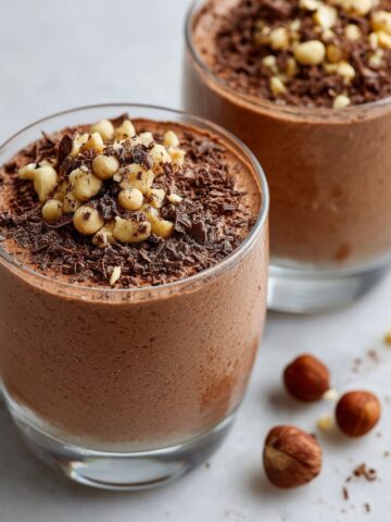 Homemade Nutella mousse recipe in glass cups with chocolate shavings and hazelnuts on a white kitchen counter, photographed from above.
