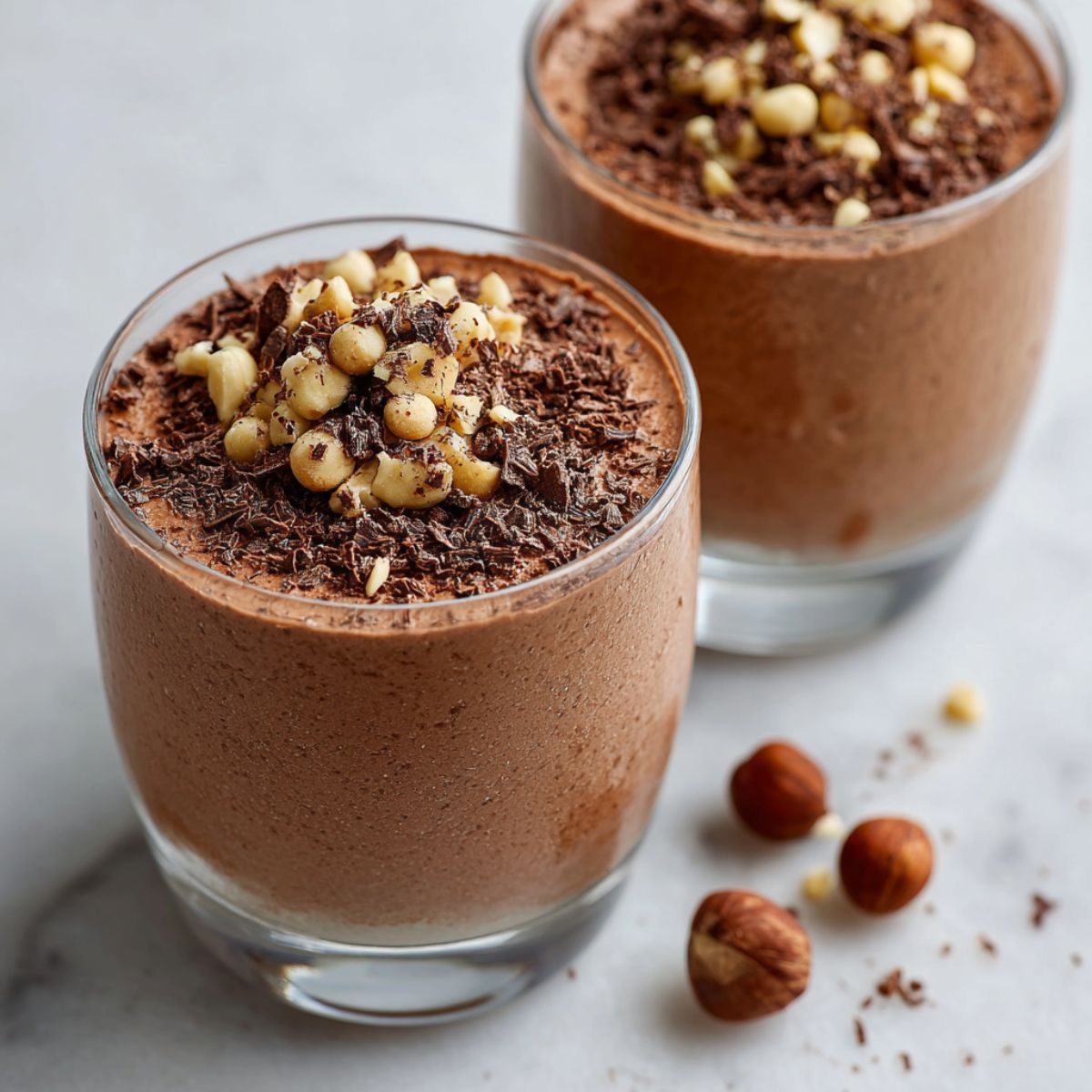 Homemade Nutella mousse recipe in glass cups with chocolate shavings and hazelnuts on a white kitchen counter, photographed from above.