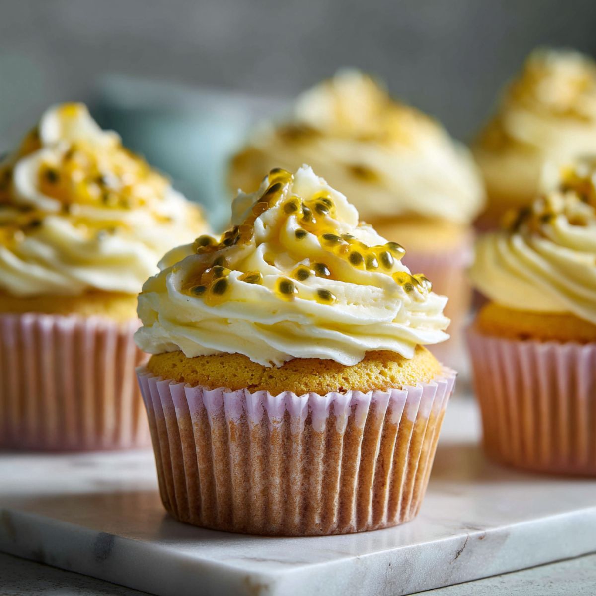 Homemade passionfruit cupcakes recipe on a white kitchen counter with rustic frosting and passionfruit pulp garnish.