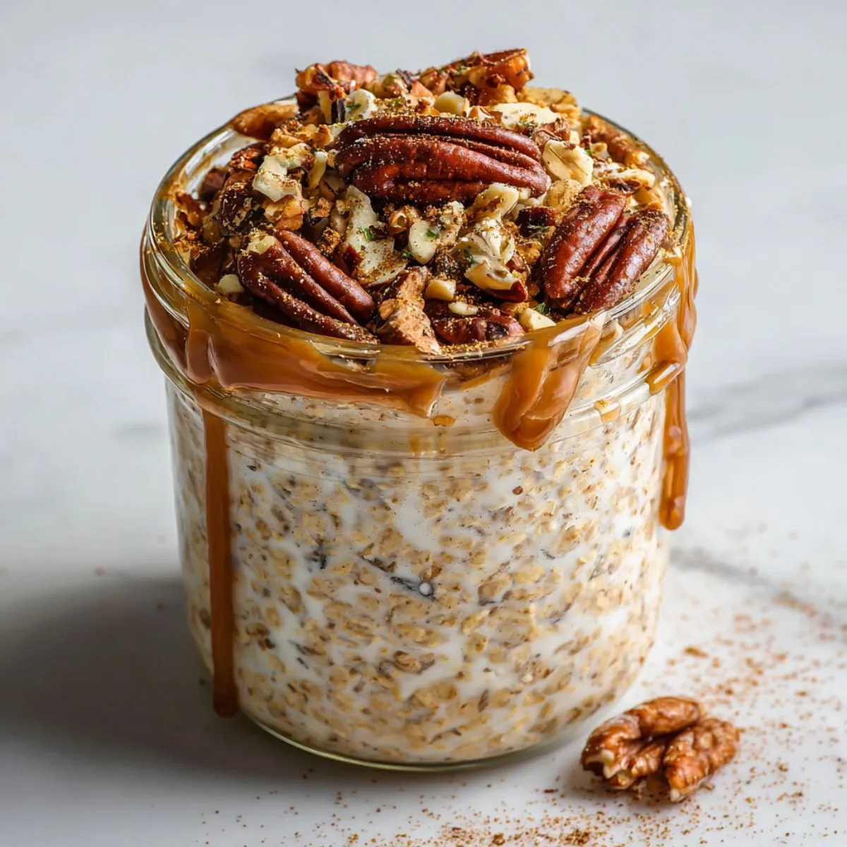 Homemade pecan pie overnight oats recipe in a glass jar topped with pecans and cinnamon on a white marble counter.