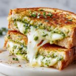 Homemade pesto grilled cheese recipe sandwich cut in half with cheese stretching on a white kitchen counter