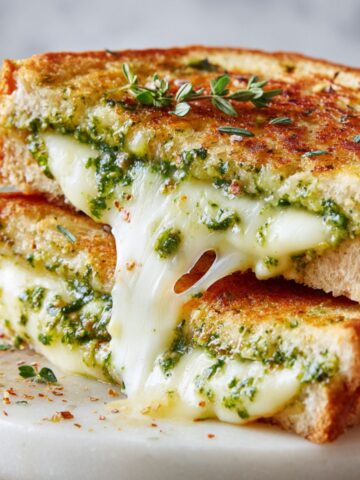 Homemade pesto grilled cheese recipe sandwich cut in half with cheese stretching on a white kitchen counter