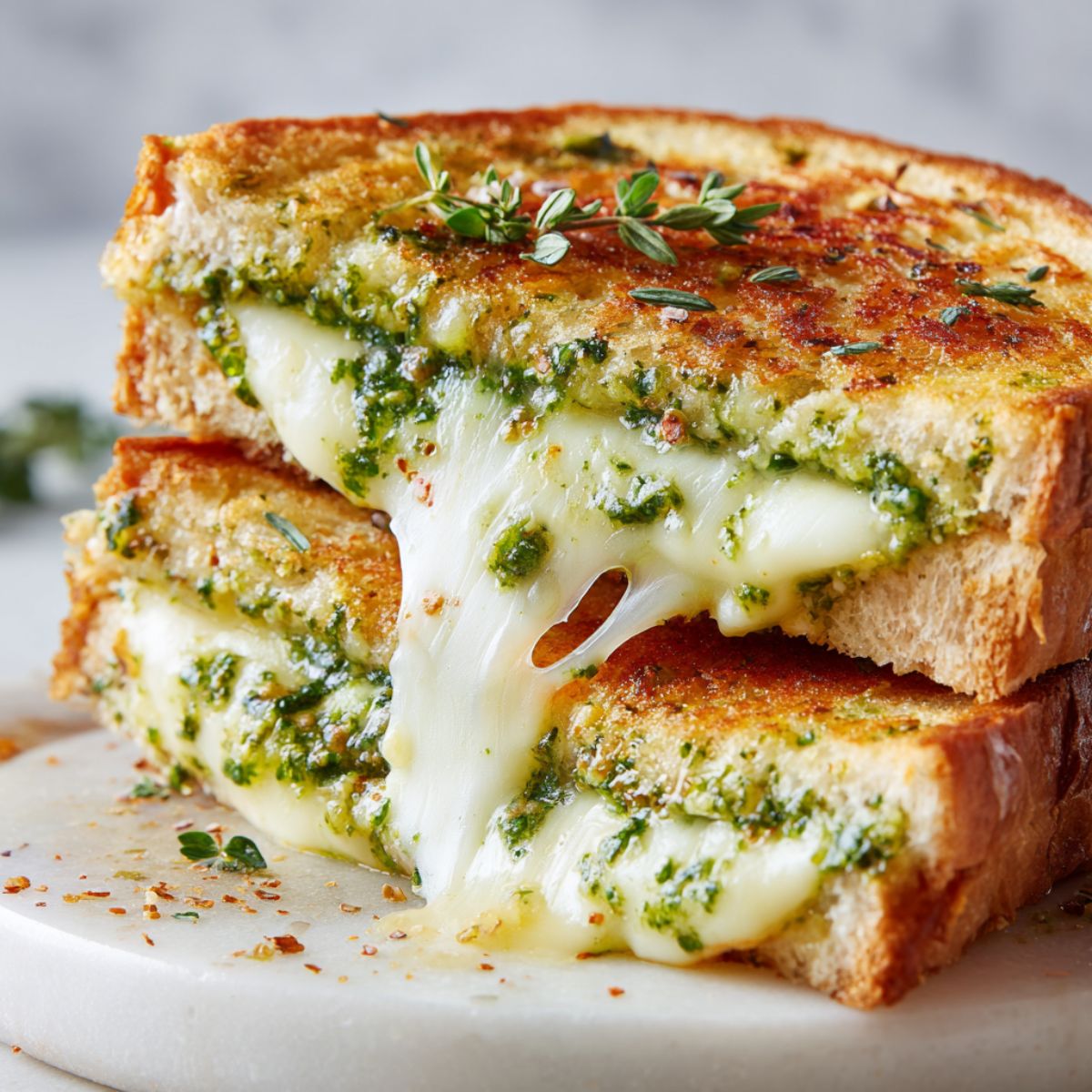 Homemade pesto grilled cheese recipe sandwich cut in half with cheese stretching on a white kitchen counter