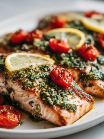 Homemade pesto salmon recipe fillets garnished with cherry tomatoes and lemon wedges on a white plate, photographed from above on a white kitchen counter.