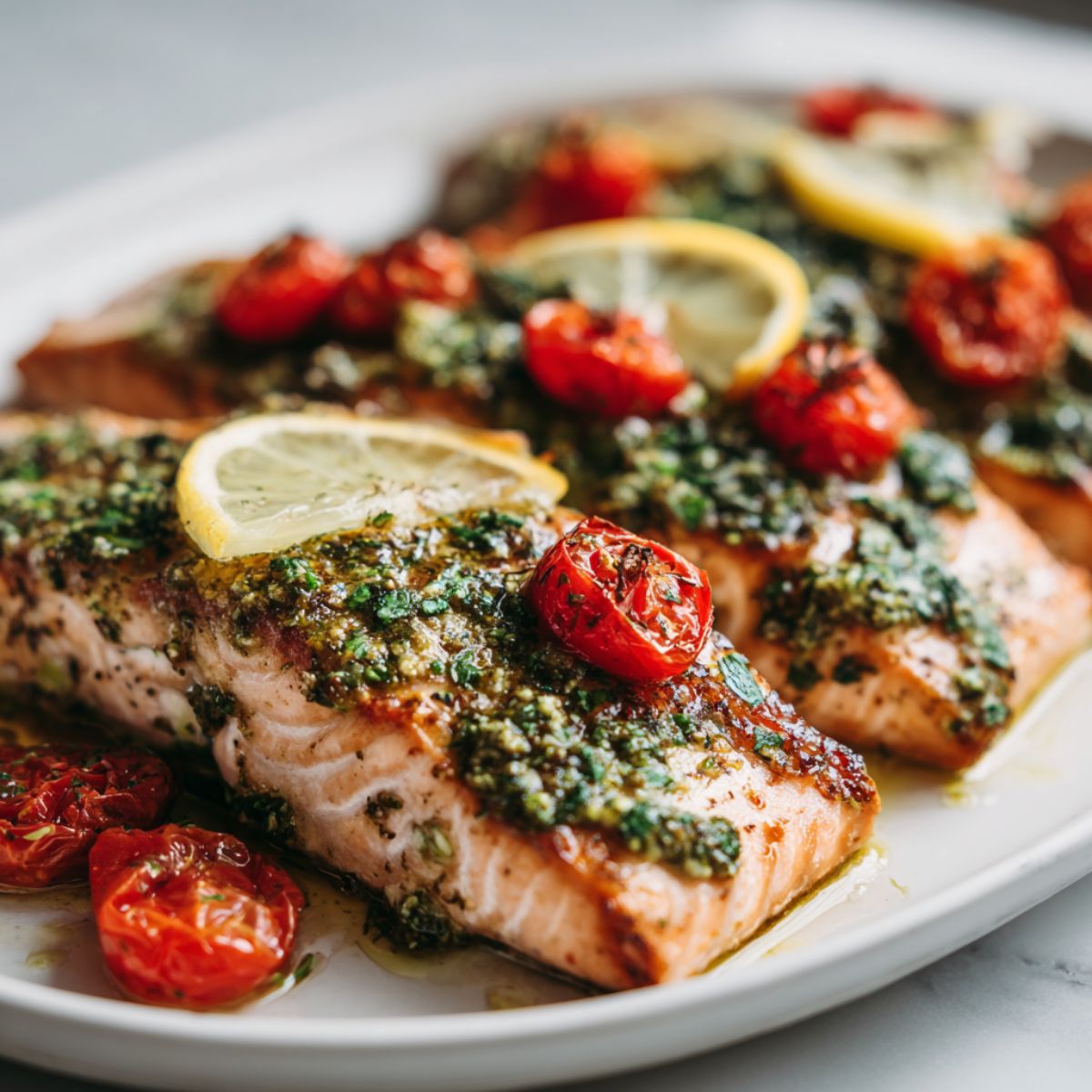 Homemade pesto salmon recipe fillets garnished with cherry tomatoes and lemon wedges on a white plate, photographed from above on a white kitchen counter.