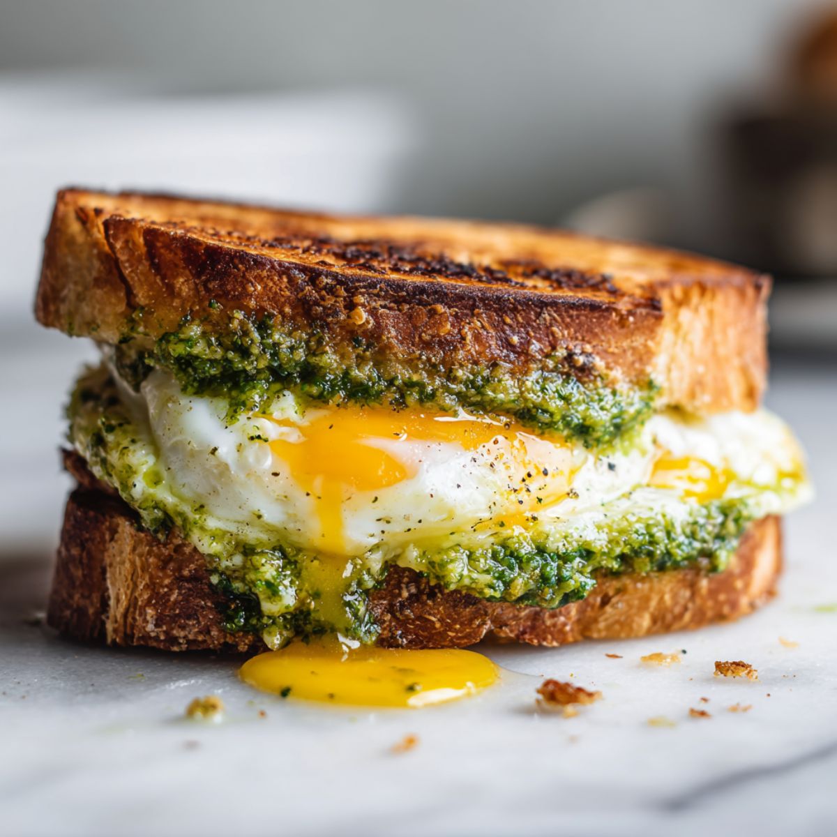 Homemade pesto breakfast sandwich recipe with eggs and mozzarella on sourdough, overhead shot on white marble kitchen counter.