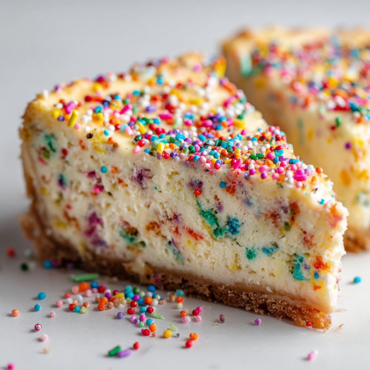 Homemade Funfetti cheesecake recipe topped with colorful sprinkles on a white kitchen counter, photographed from above in a natural homemade style.