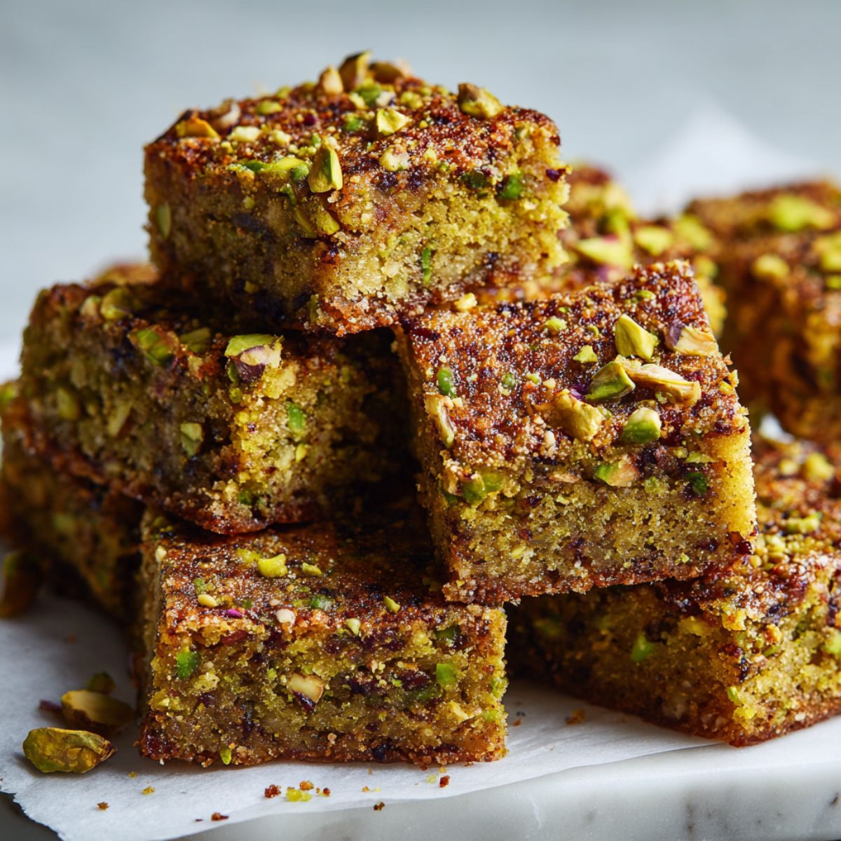 Homemade pistachio bars recipe cut into rustic squares on parchment paper, shot from above on a white kitchen counter.