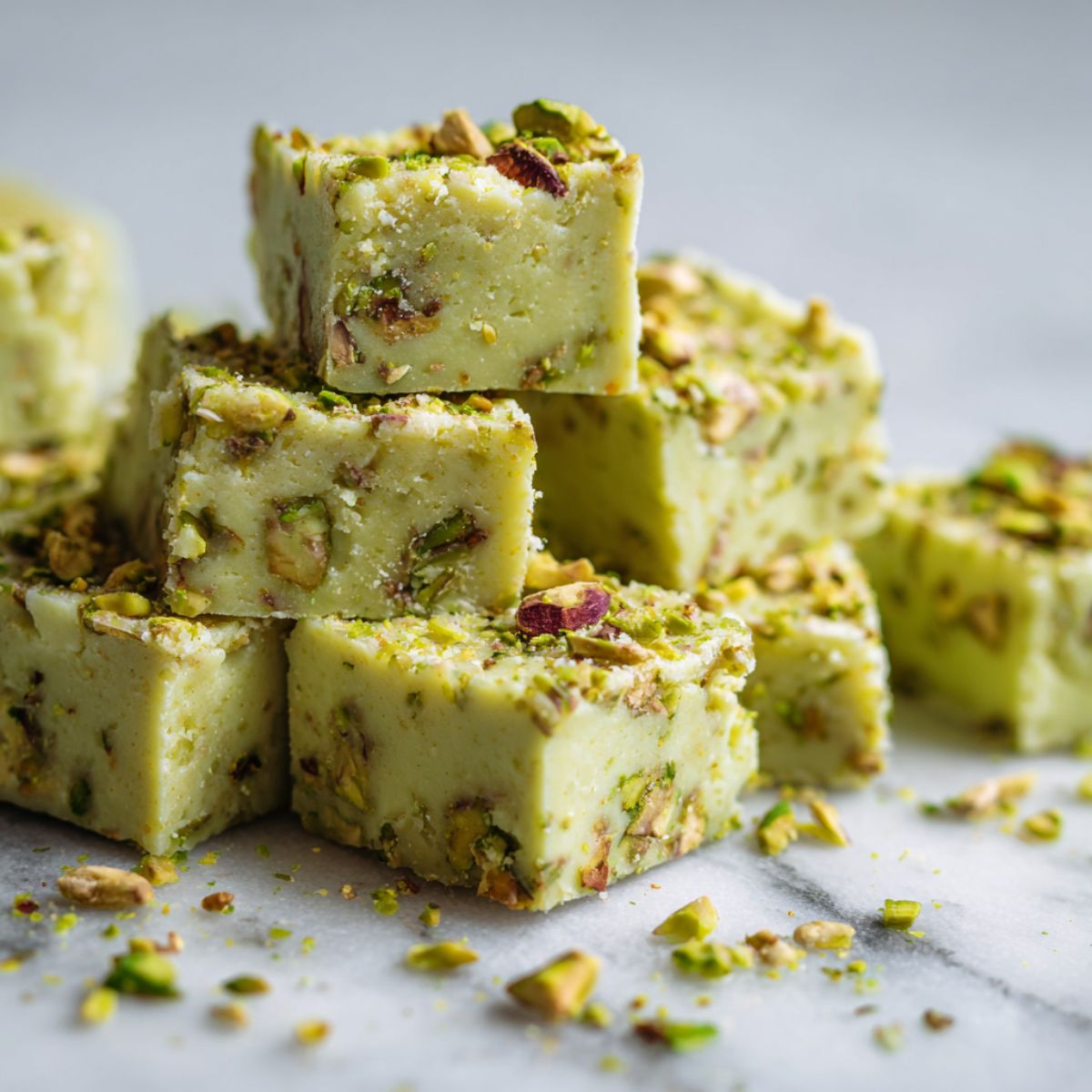 Overhead photo of homemade pistachio fudge recipe squares on a white marble kitchen counter, cut into rustic pieces with pistachios sprinkled on top.