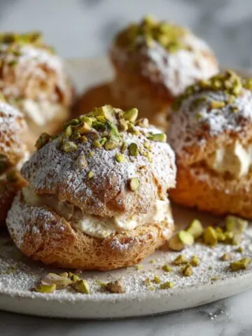 Homemade pistachio cream puffs recipe dusted with powdered sugar and garnished with chopped pistachios on a white marble kitchen counter