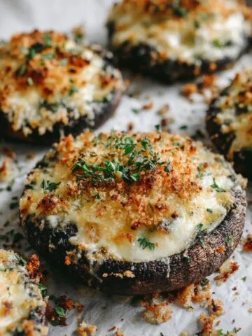 Homemade stuffed portobello mushrooms recipe fresh from the oven with melted cheese and breadcrumbs on a baking tray, overhead shot on white kitchen counter.