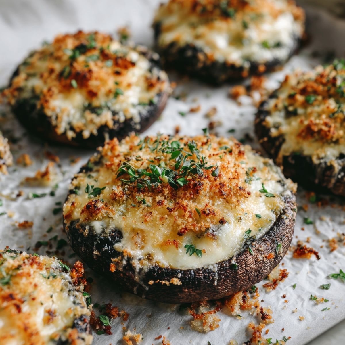 Homemade stuffed portobello mushrooms recipe fresh from the oven with melted cheese and breadcrumbs on a baking tray, overhead shot on white kitchen counter.