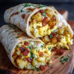 Homemade potato breakfast burritos recipe filled with eggs, cheese, and crispy potatoes on a white marble counter, overhead view.