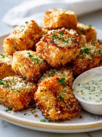 Overhead view of homemade crispy parmesan salmon bites recipe on a plate with dipping sauce, served on a white kitchen counter in a casual style.