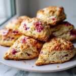 Homemade raspberry lemon scones recipe on a white kitchen counter, rustic and flaky with crumbs scattered, photographed from above.