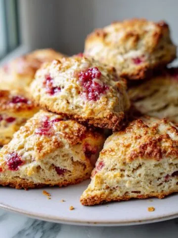 Homemade raspberry lemon scones recipe on a white kitchen counter, rustic and flaky with crumbs scattered, photographed from above.