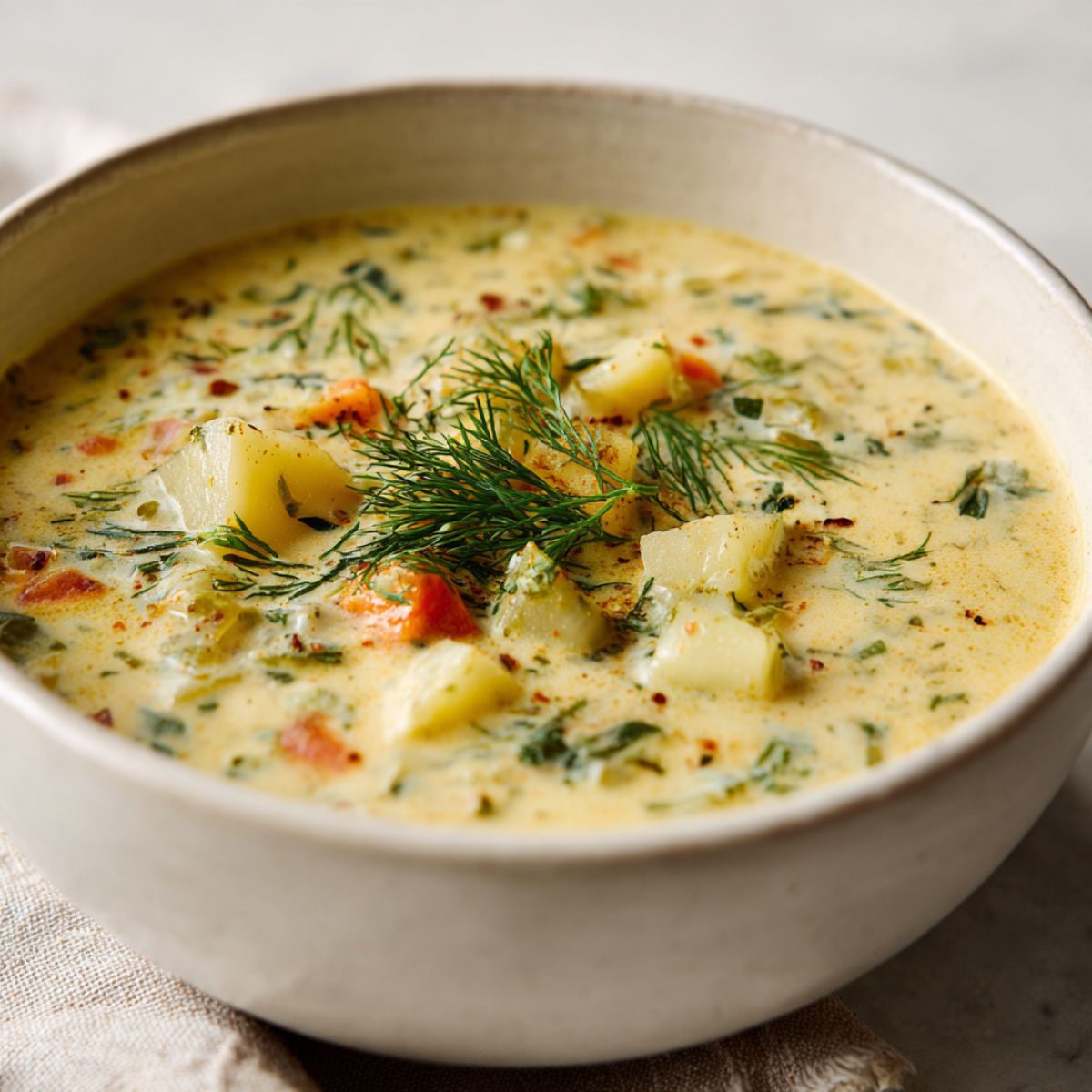 Homemade creamy dill pickle soup recipe in a white ceramic bowl, topped with fresh dill on a white kitchen counter.