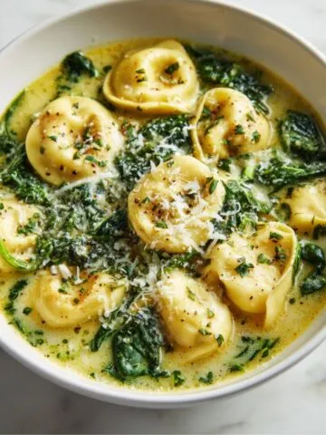 Homemade creamy spinach tortellini soup recipe in a white bowl with Parmesan, shot overhead on a white kitchen counter.