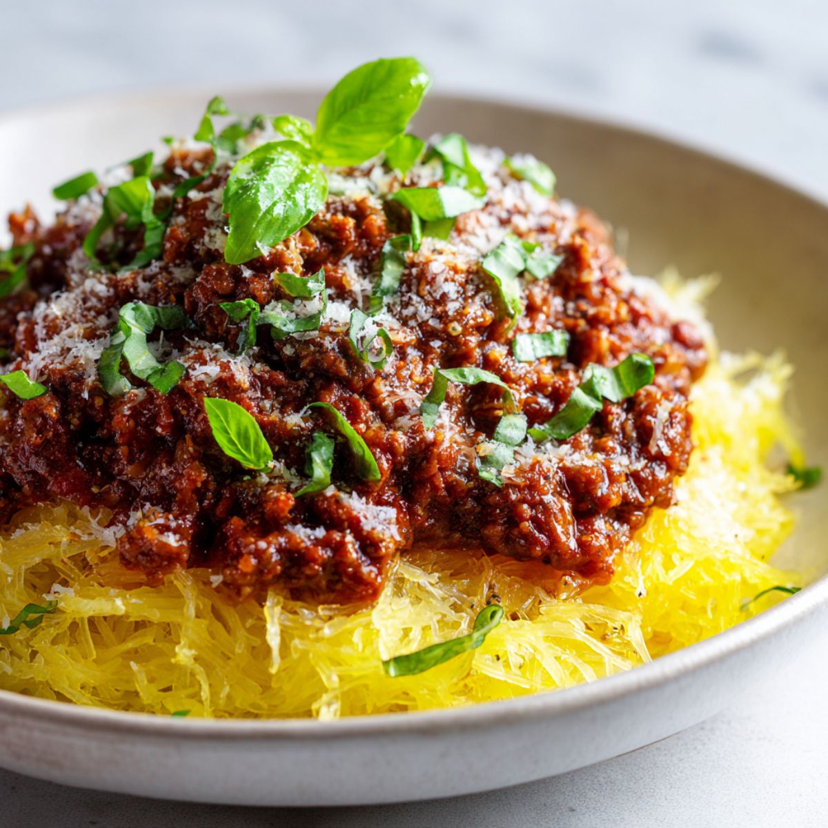 Overhead photo of spaghetti squash bolognese recipe served on a plate with parmesan and basil on a white kitchen counter, homemade style.