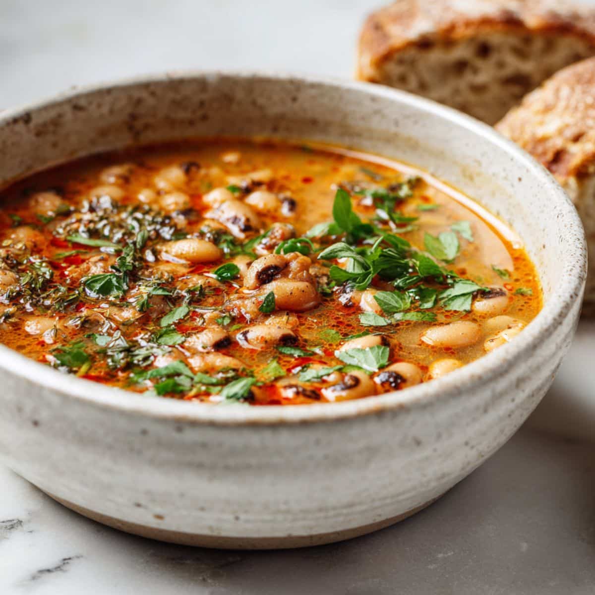 Homemade spicy black eyed pea soup recipe served in a ceramic bowl on a white kitchen counter, shot from above in a cozy and rustic style.