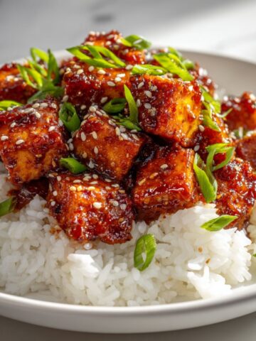 Homemade sweet chili tofu recipe served over jasmine rice with sesame seeds and green onions on a white kitchen counter, overhead view.