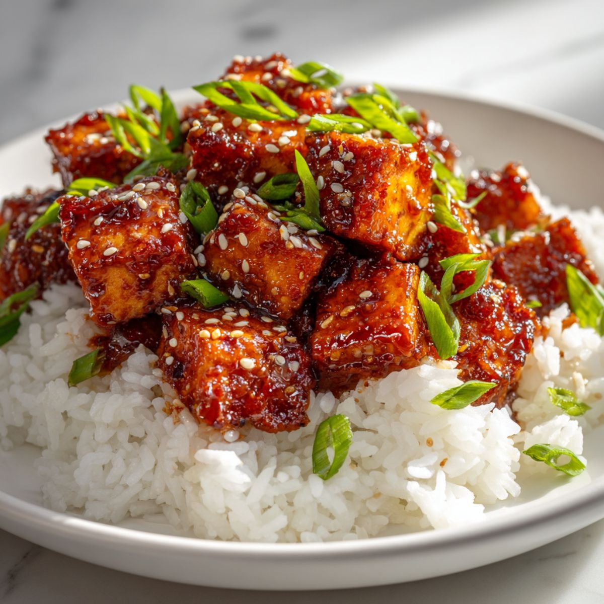 Homemade sweet chili tofu recipe served over jasmine rice with sesame seeds and green onions on a white kitchen counter, overhead view.