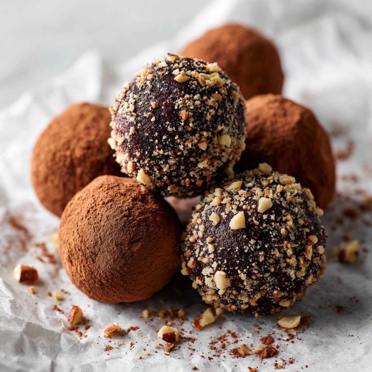 Homemade hazelnut chocolate truffles recipe dusted with cocoa and chopped hazelnuts on a white kitchen counter, photographed from above with a rustic homemade look.