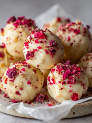 Overhead view of homemade white chocolate raspberry truffles recipe with crushed raspberries on parchment paper, casual and imperfect for a natural homemade look.