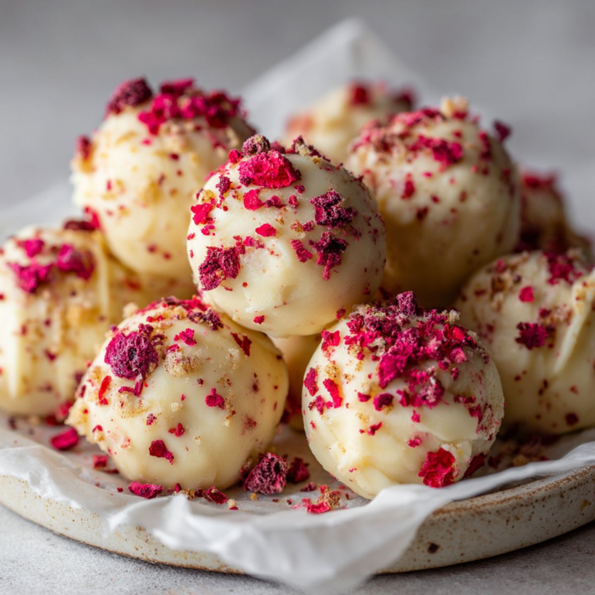 Overhead view of homemade white chocolate raspberry truffles recipe with crushed raspberries on parchment paper, casual and imperfect for a natural homemade look.