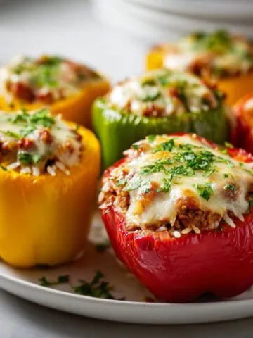 Overhead view of homemade ground turkey stuffed peppers recipe with rice and melted cheese on a white kitchen counter, casual homemade style.