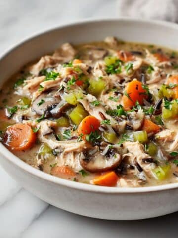 Homemade turkey wild rice soup recipe served in a white bowl on a kitchen counter, overhead shot showing turkey, wild rice, carrots, and celery.