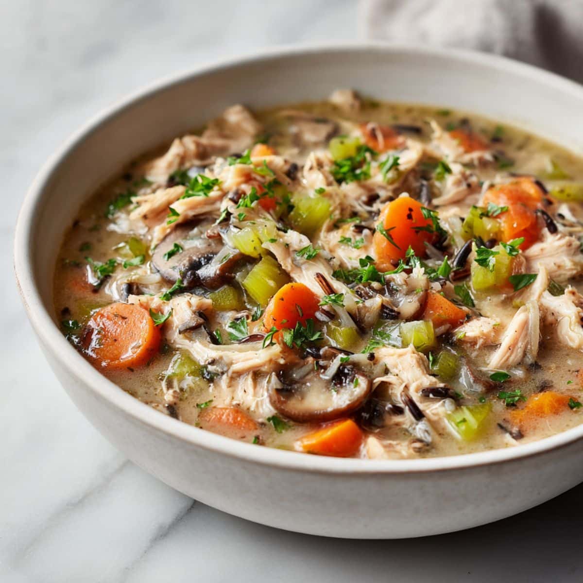 Homemade turkey wild rice soup recipe served in a white bowl on a kitchen counter, overhead shot showing turkey, wild rice, carrots, and celery.