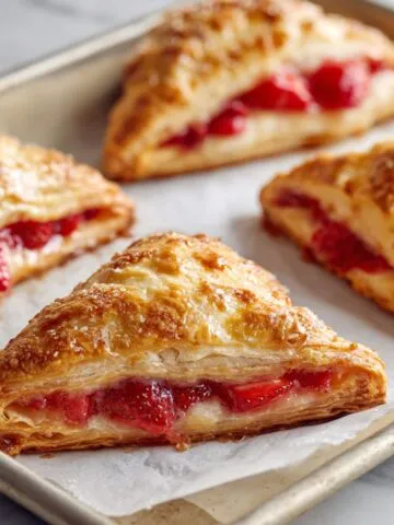 Homemade strawberry cream cheese turnovers recipe on a baking tray, golden and flaky with strawberry filling.