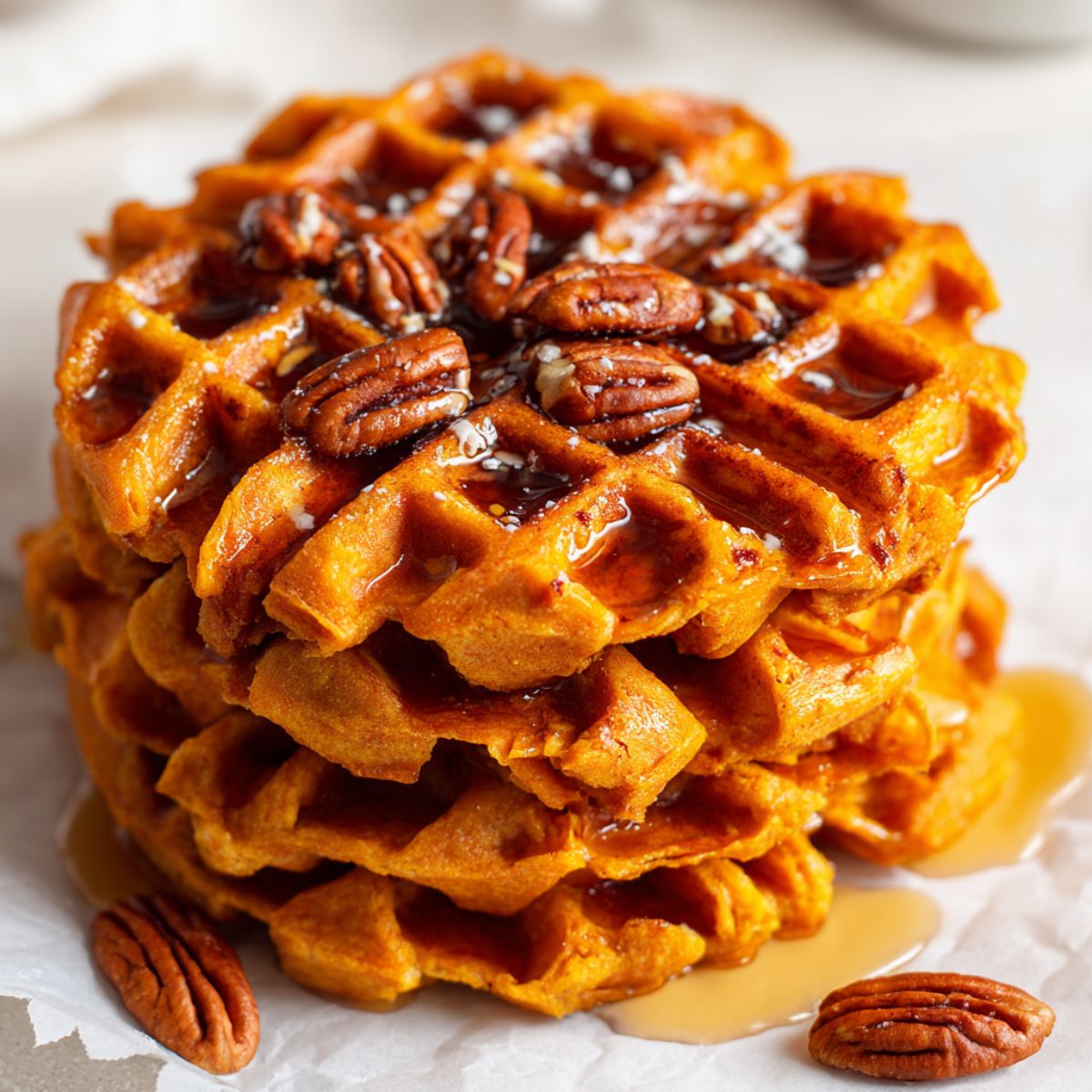 Homemade sweet potato waffles recipe stacked on a white kitchen counter with maple syrup and pecans, photographed from above.